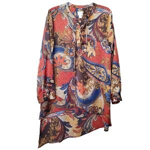 Chico's Layered Lace-Up Tie-Neck Paisley Angled Hem Tunic Size 2 Large Lagenlook